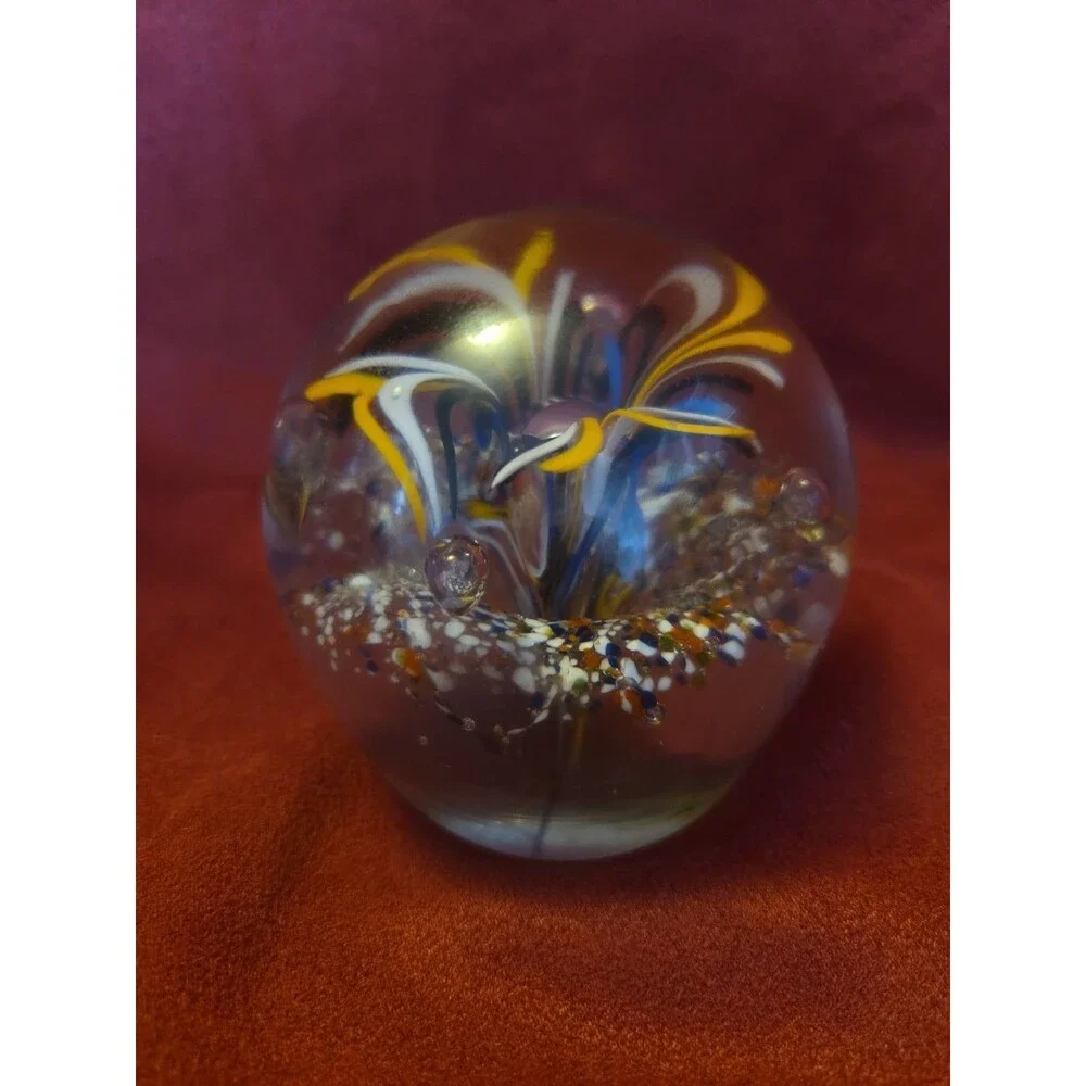 Portuguese Art Glass Hand Blown Paperweight Pulled Feather Flower Vintage